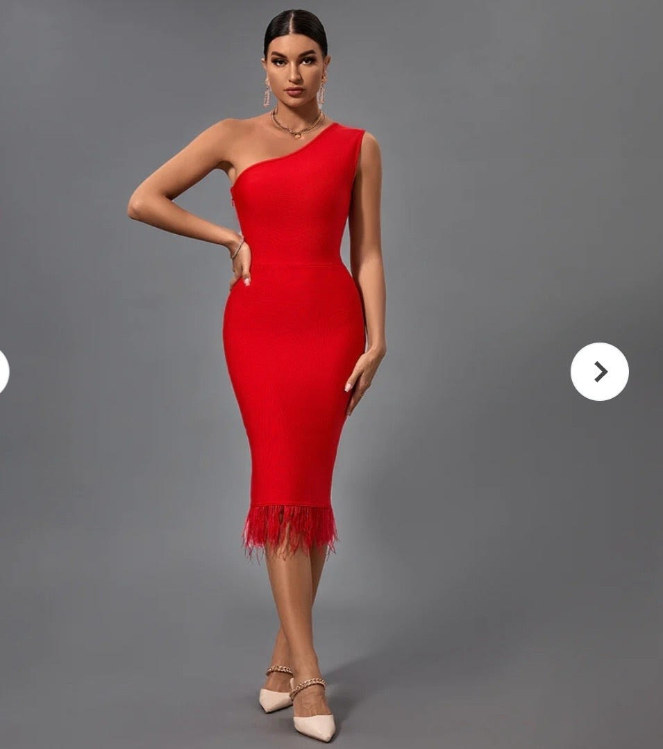 Red feathered One Shoulder Midi Bodycon Bandage Dress